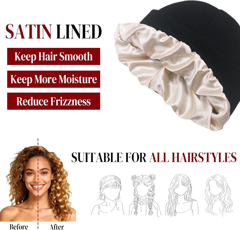 PFFY 2 Packs Womens Satin Lined Beanie Hat Silk Lining Winter Hats Beanies for Women Soft Slouchy Beanie Skull Cap - Image 2